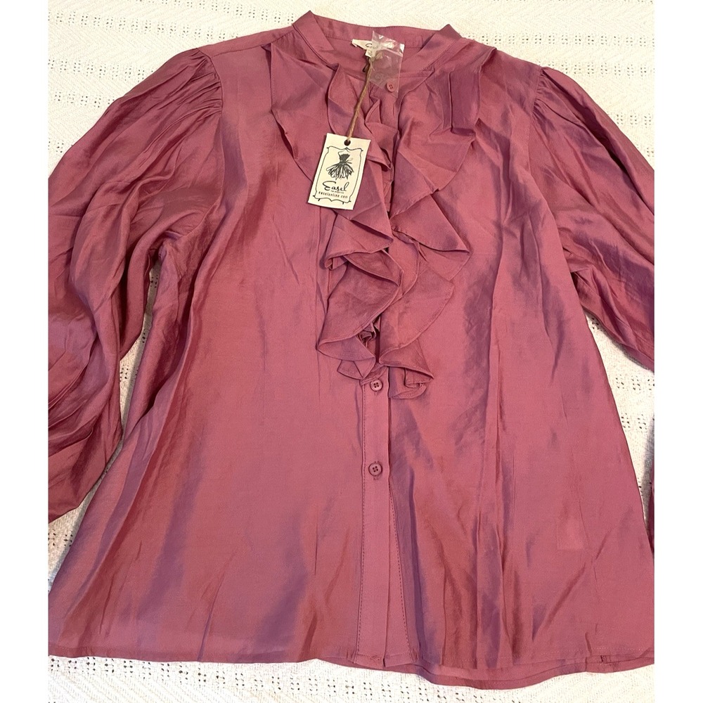 New Ruffle Front Blouse Purple‎ Sz Small High Neck Pleated Balloon Sleeve Office
